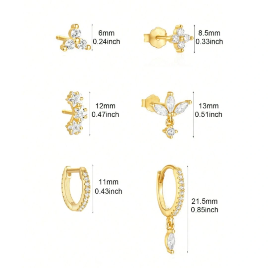 طقم أقراط أذن أحادية الجانب مرصعة بالزيركون - 6 قطع